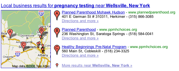 Pregnancy testing Wellsville results in google