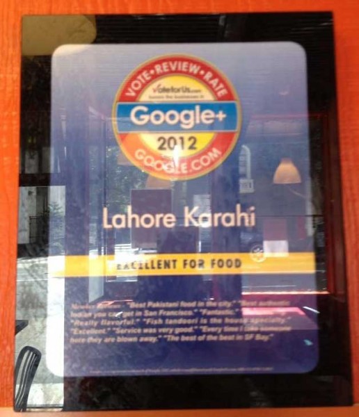 Google Plaque for Excellent Food